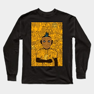 Dark Doodle Male Character with Mannequin Glyph in Mysterious Doodle Background Long Sleeve T-Shirt